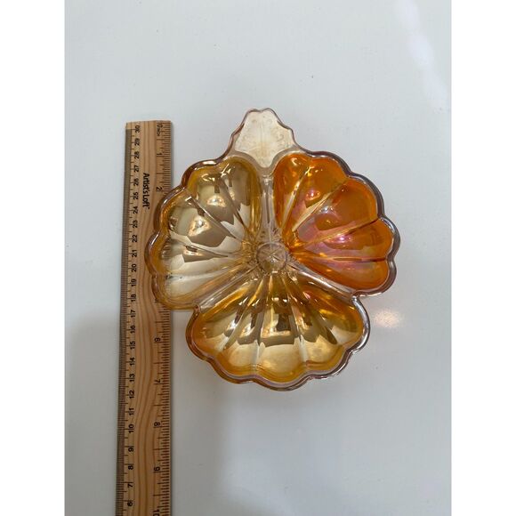 Vintage Carnival 6" Clover Divided Nut Plate Jeannette Amber Iridescent GlassEUC - Picture 3 of 5